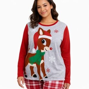 NWT Rudolph Reindeer Pajama Top Gray Red Snowflake Holiday Christmas Size S
